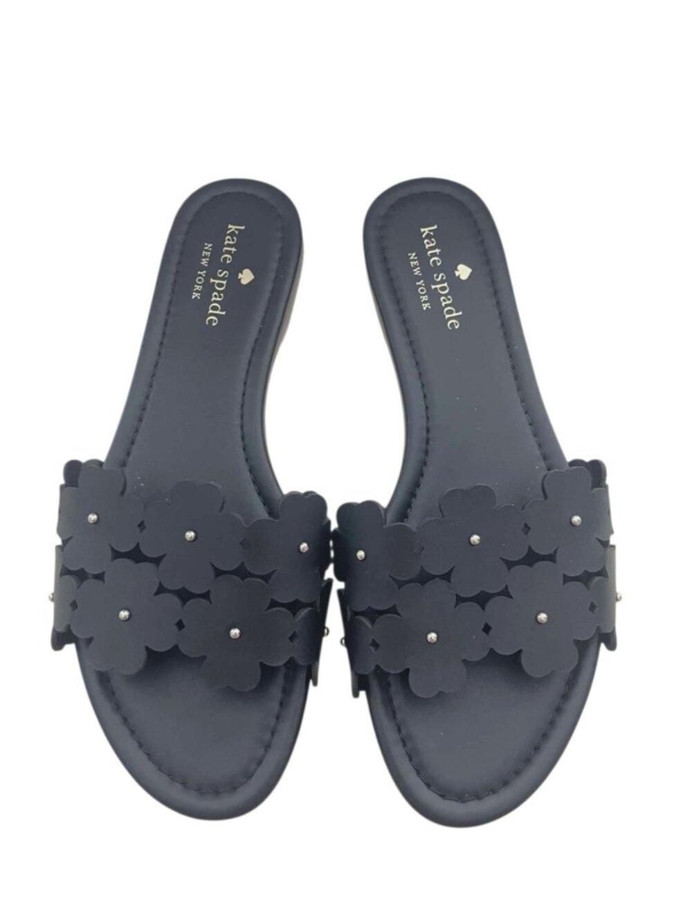 Kate Spade Size 8 Black Sandal Slip On Flowers Gold Detail Flat